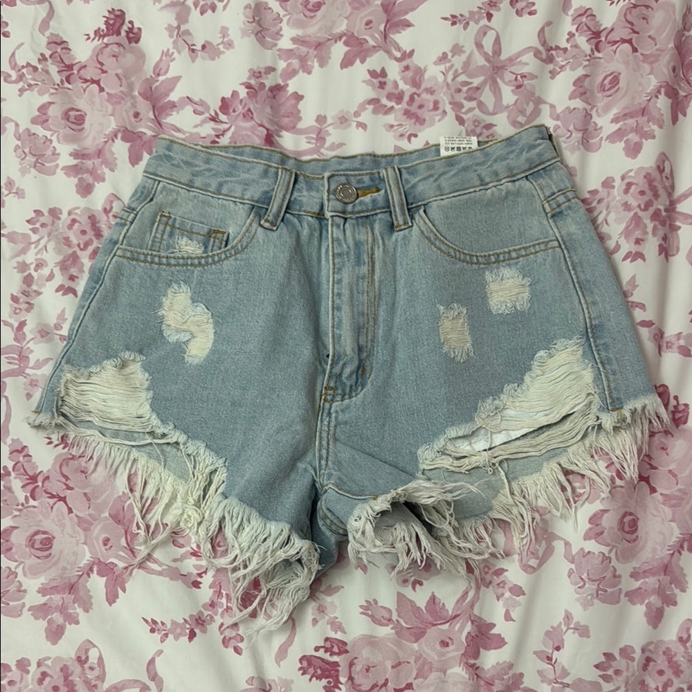 Distressed Light Blue Denim Shorts